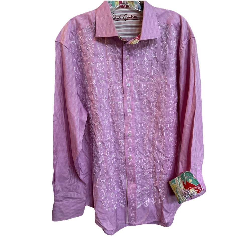 Robert Graham Intricate‎ Heavily Embroidered Shirt Pink Hawaiian Cuff Large